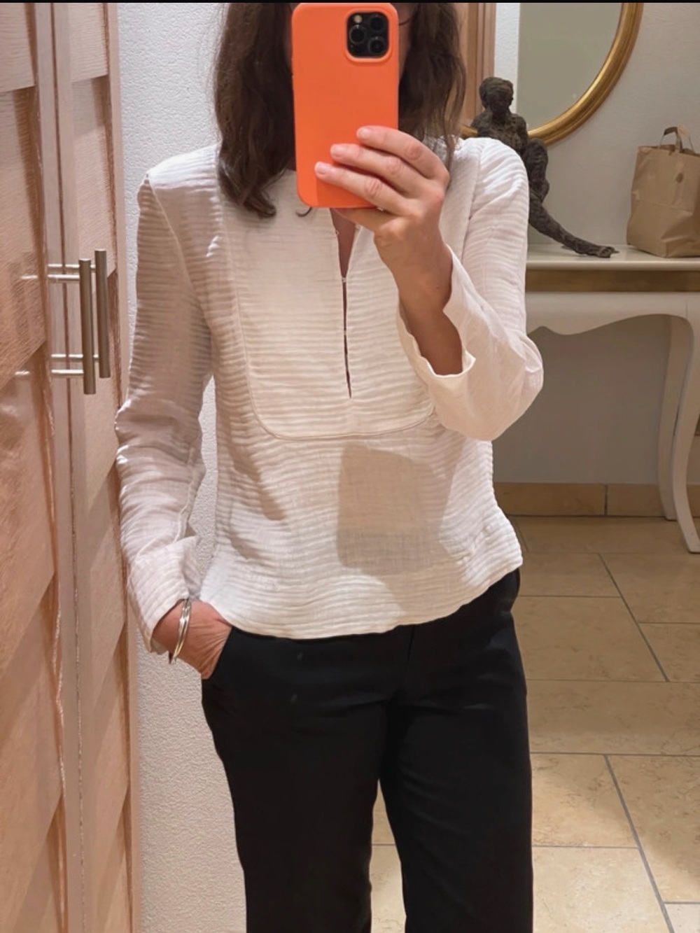 Armani Collezioni White Textured Long-Sleeve Blouse